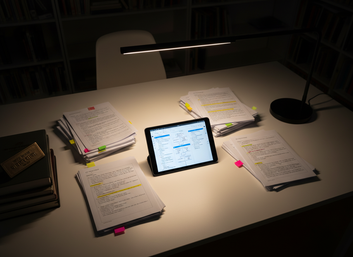 A serene writing workspace dedicated to academic writing and research guidance: a large, clean white desk with a single high-resolution tablet showing structured notes, surrounded by printed research papers neatly stacked with annotated margins and color highlights. A slim, modern desk lamp throws a focused pool of warm light onto the tablet and papers, leaving the rest of the room in soft, comfortable shadow. At the far edge, a small bronze Sanskrit inscription plaque leans against a stack of journals. Photographic realism with a top-down three-quarter angle and sharp focus, creating an atmosphere of rigor, precision, and calm intellectual concentration.