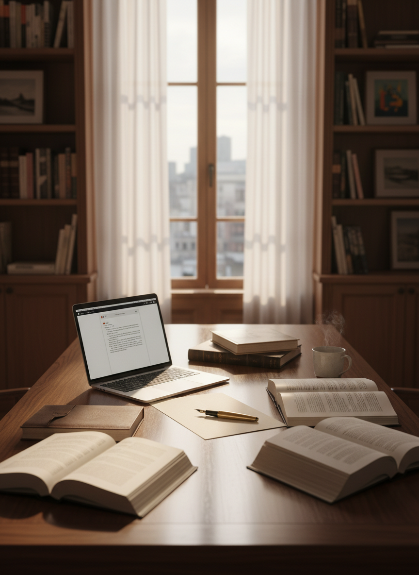 A spacious, elegant study table crafted from dark polished wood, its surface neatly arranged with open philosophy and literature books, a sleek laptop displaying a blank document, and a classic brass fountain pen resting on cream writing paper. The desk is placed near a tall window with sheer curtains, overlooking a softly blurred cityscape. Gentle morning daylight filters in, creating subtle reflections on the wood and laptop, with calm shadows stretching across the table. The atmosphere feels scholarly, focused, and inviting. Photographic realism at eye level, with a shallow depth of field that keeps the desk in sharp focus while the background library shelves and framed abstract artwork fade into a warm, sophisticated blur.