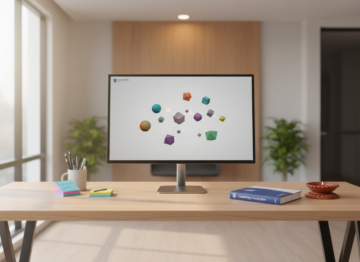 A minimalist educator’s desk set up for online tutoring, with a slim monitor displaying an abstract interface of floating geometric shapes representing diverse learners in discussion. The desk is pale oak, carefully organized with color-coded sticky notes, a closed Cambridge curriculum textbook, and a subtle clay diya lamp hinting at Indian heritage. Soft, diffused daylight from a side window combines with a discreet overhead light, creating a bright yet gentle workspace. Photographic realism, shot straight on with symmetrical composition and moderate depth of field, conveys clarity, structure, and a sophisticated, professional teaching environment tailored for personalized guidance.
