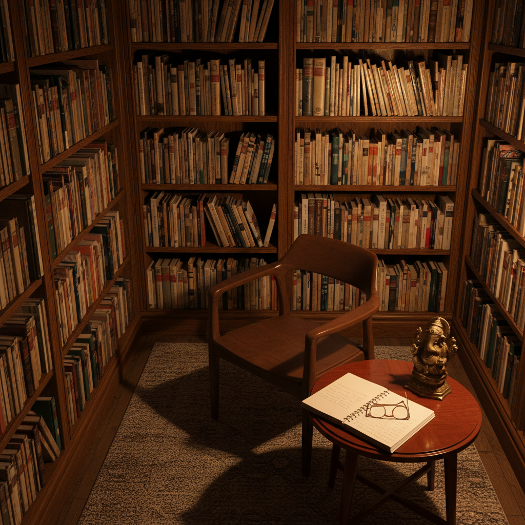 An intimate corner of a home library featuring floor-to-ceiling bookshelves filled with well-worn philosophy, literature, and humanities texts in varying earth-toned covers. In the center, a simple, refined reading chair is suggested only by its curved shadow, beside a low table holding an open notebook, a pair of reading glasses, and a small brass Ganesha figurine. Soft, warm lamplight from an unseen source casts a golden glow across the pages and wooden shelves. Captured in photographic realism with a slightly elevated angle and balanced composition, the mood is contemplative and serene, evoking a private tutoring space dedicated to deep study and thoughtful conversation.